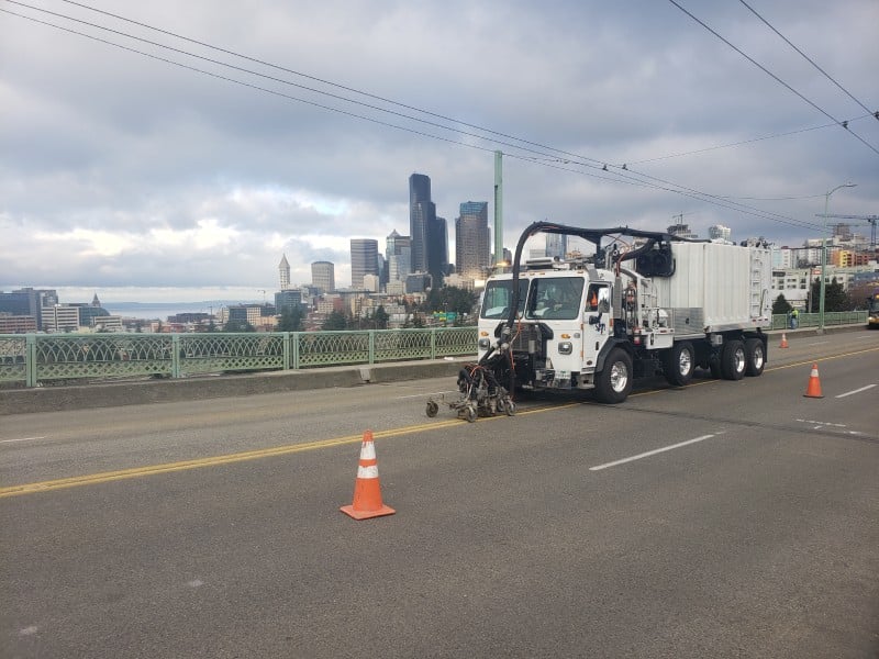 Pavement marking removal using hydro blasting equipment