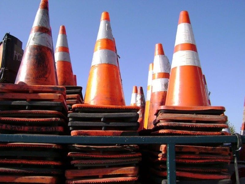 Temporary traffic control signs and cones during roadwork